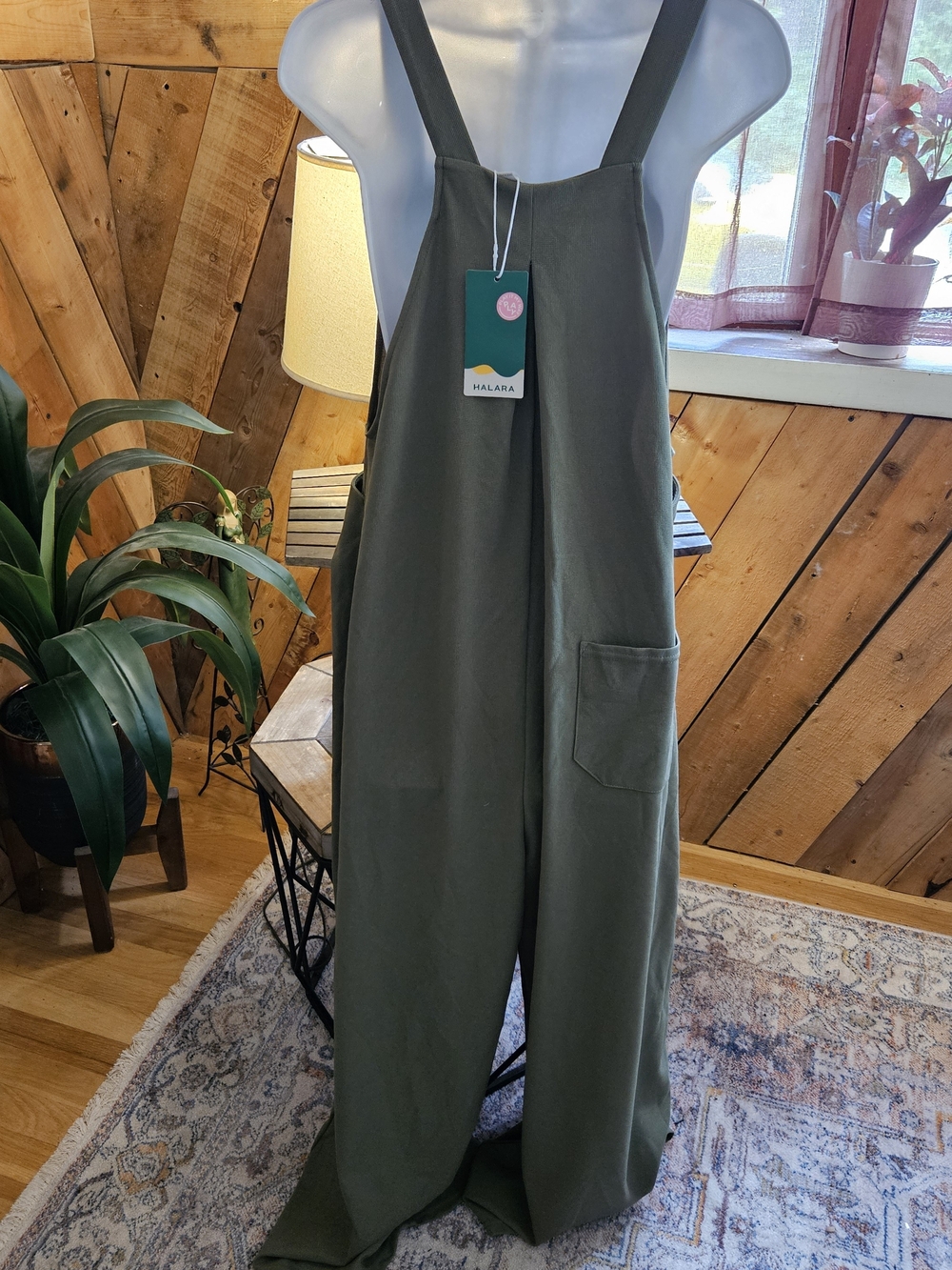 NWT HALARA Olive Green Waffle Knit Wide-Leg Jumpsuit Overalls Size L Minimalist - Picture 3 of 8
